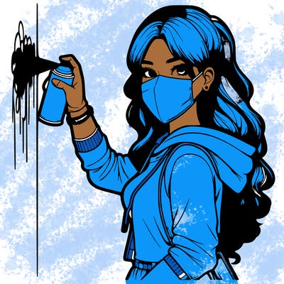 realistic girl with mask spray painting a wall