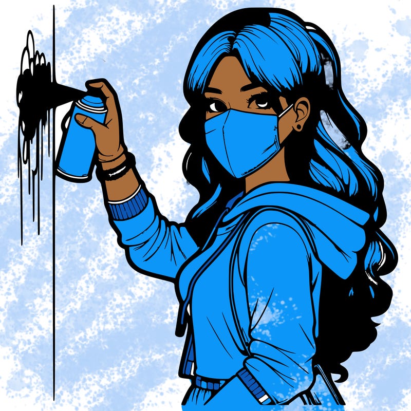 realistic girl with mask spray painting a wall