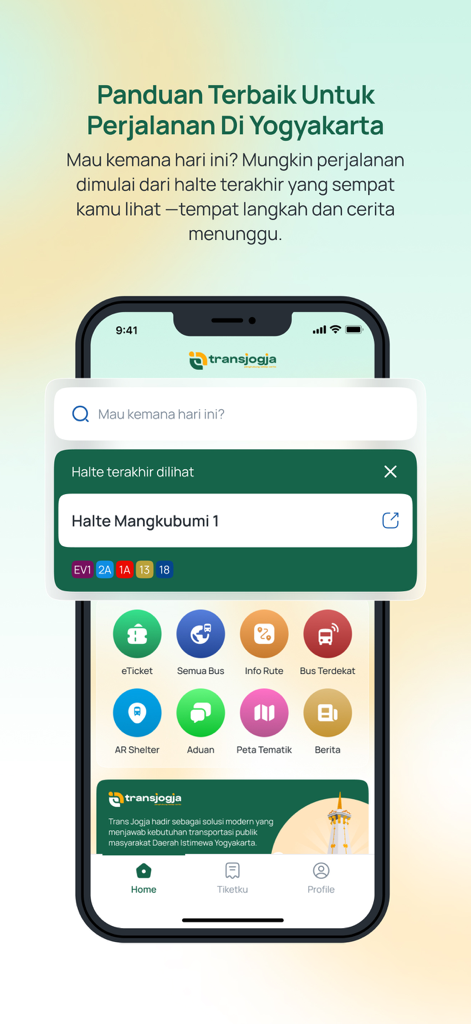 Trans Jogja - Home screen of the Trans Jogja navigation app displaying bus routes and travel tools for Yogyakarta