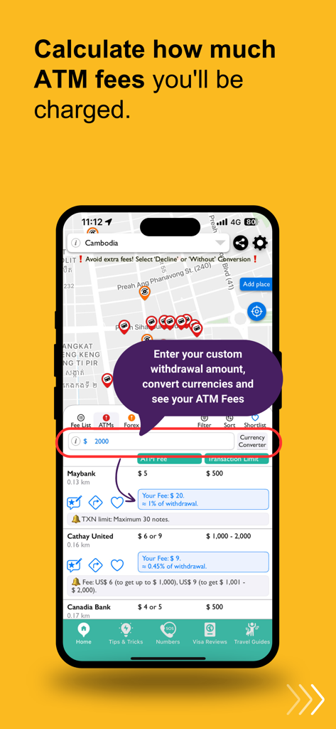 ATM Fee Saver: Travel Smarter - Interface showing ATM fee calculations for different banks on a map