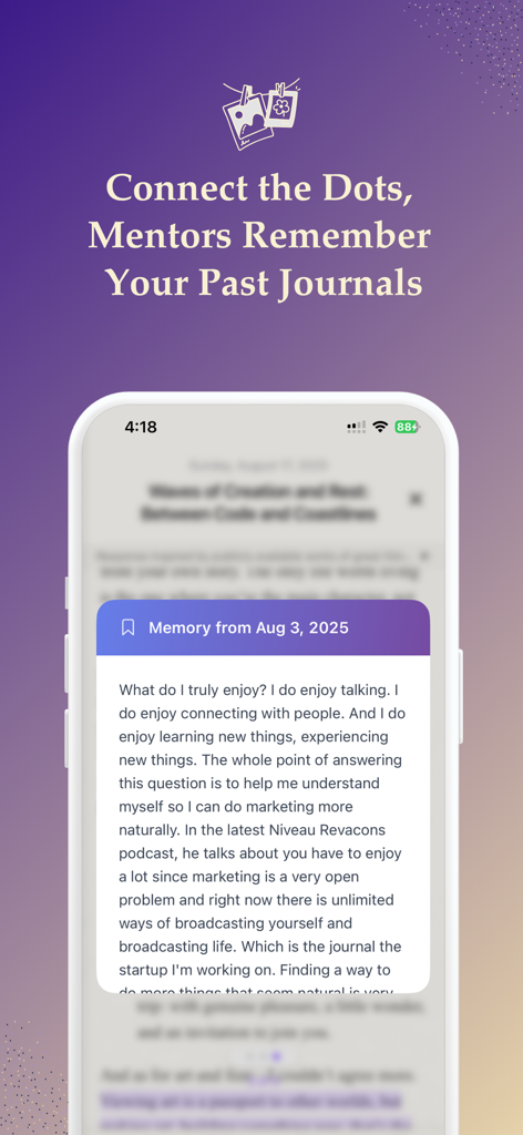 Life Note: Journal With Greats - Life Note app screen showing an AI mentor referencing a past journal entry to help a user connect their thoughts.