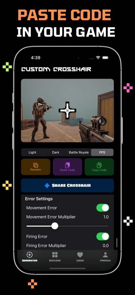 Custom Crosshair - La interfaz de la aplicación Mira Personalizada que muestra opciones para generar, copiar y pegar códigos de mira con configuraciones avanzadas de movimiento y error de disparo.