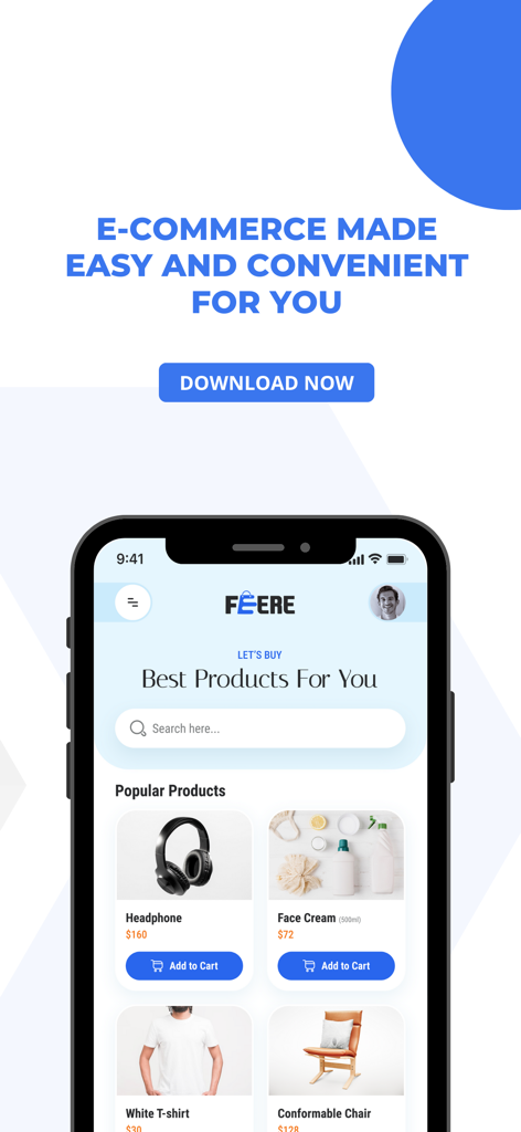 Feere mobile shopping app homepage interface showcasing popular products and a search bar