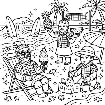 Dive into a hilarious and unexpected summer scene with our Terracotta Army coloring page. Watch as these ancient warriors trade their battlefields for sandy beaches, complete with ice cream, surfboards, and sandcastles.