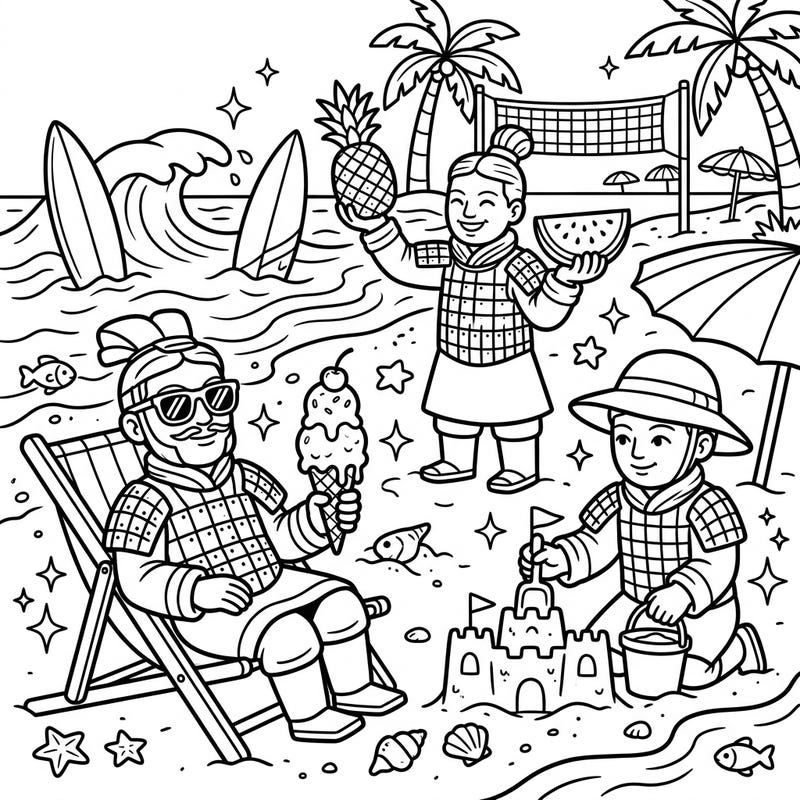 Dive into a hilarious and unexpected summer scene with our Terracotta Army coloring page. Watch as these ancient warriors trade their battlefields for sandy beaches, complete with ice cream, surfboards, and sandcastles.