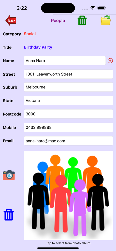 Event Manager - イベントゲストの連絡先情報と住所を示すイベントマネージャーアプリのスクリーンショット。