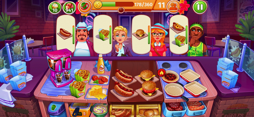Pantalla de jugabilidad del juego de restaurantes Cooking Craze que muestra a un chef sirviendo hamburguesas y perritos calientes a cuatro clientes