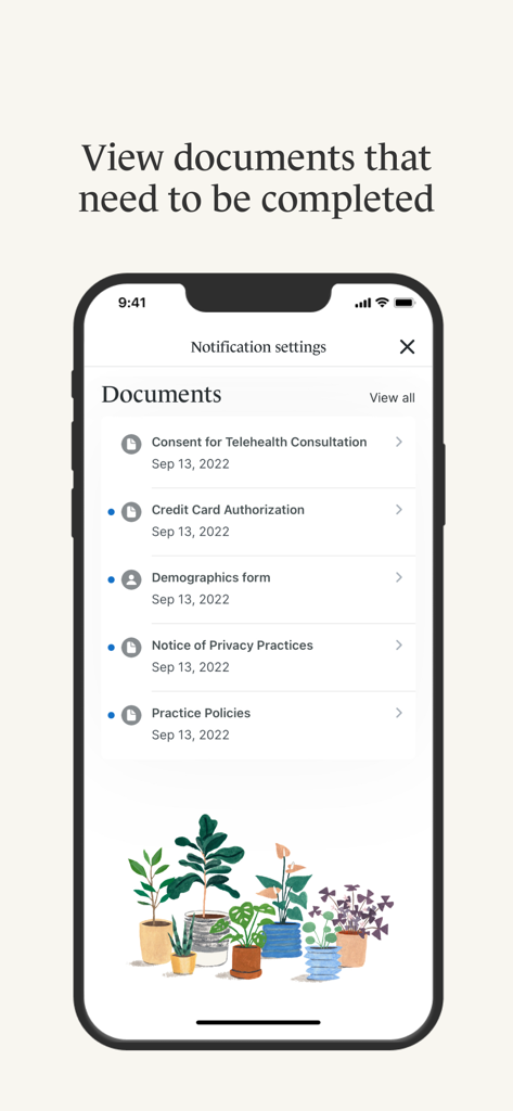 A mobile interface from the SimplePractice Client Portal app showing a list of healthcare documents that need to be completed.
