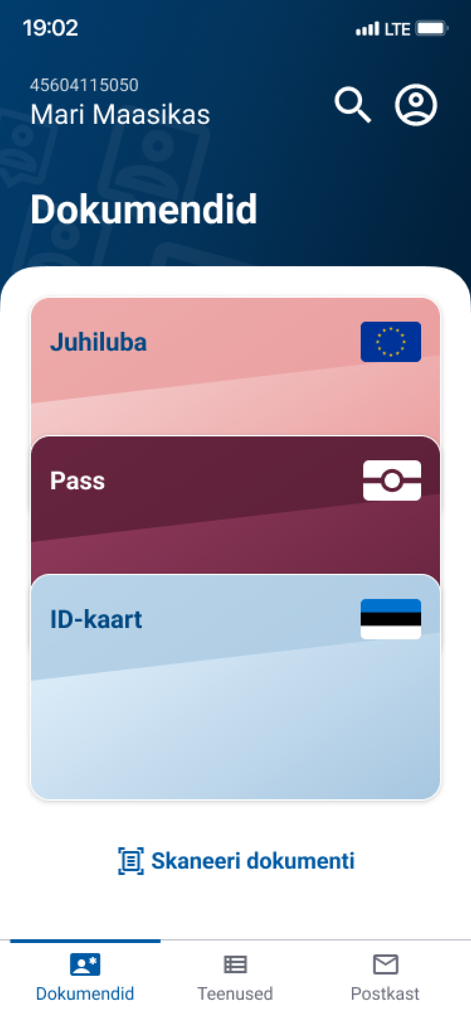 Eesti äpp - Interfaz de la aplicación de Estonia que muestra el carnet de conducir digital, pasaporte y carnet de identidad en la sección de documentos.