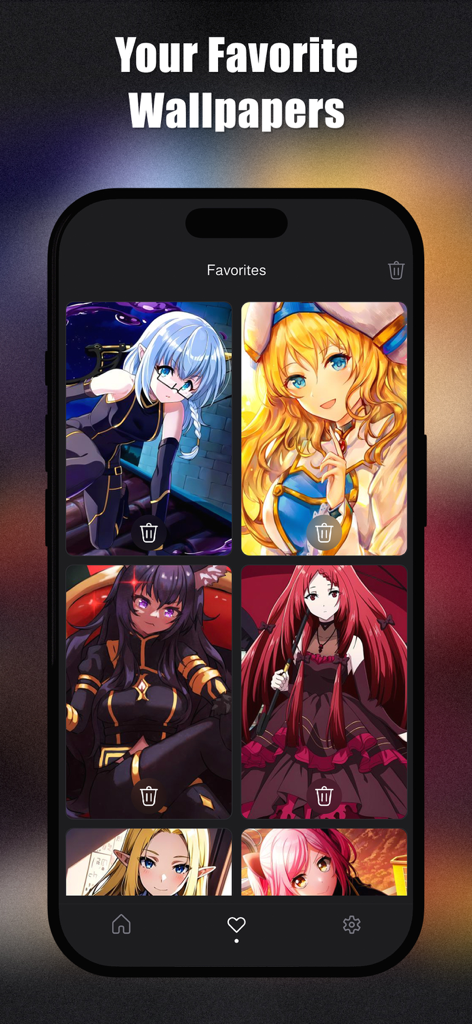 Anime Girl Wallpaper 4K | HD - Favorites screen of the Anime Girl Wallpaper app showing a collection of saved high resolution anime character backgrounds.