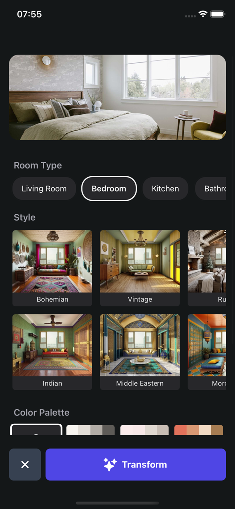 Home Design AI: Roomly - User interface of the Roomly AI app featuring room type selection, design styles, and color palettes for home transformation.