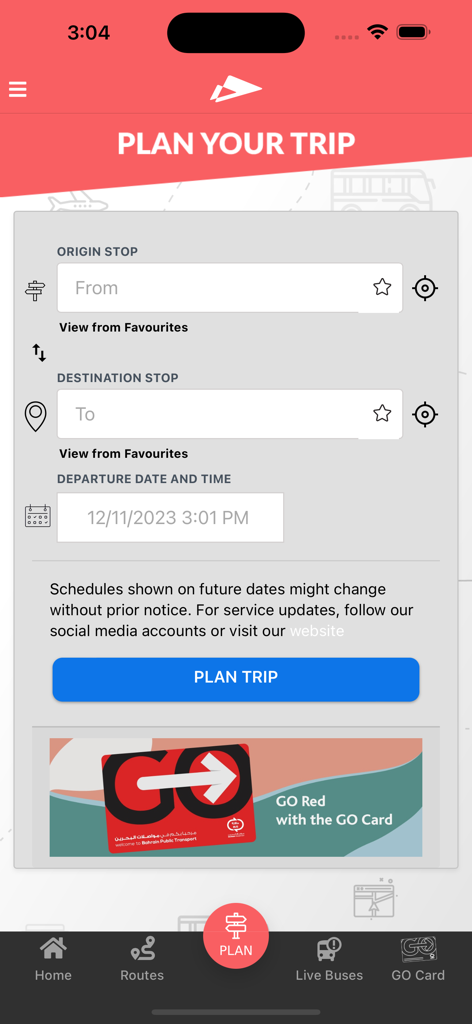 Bahrain Bus - Trip planning screen of the Bahrain Bus app showing origin and destination input fields