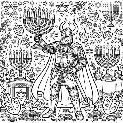 Embark on a creative journey with this unique coloring page featuring a Teutonic Knight celebrating Hanukkah. Immerse yourself in a festive scene filled with traditional symbols like menorahs, dreidels, and gelt, perfect for all ages.