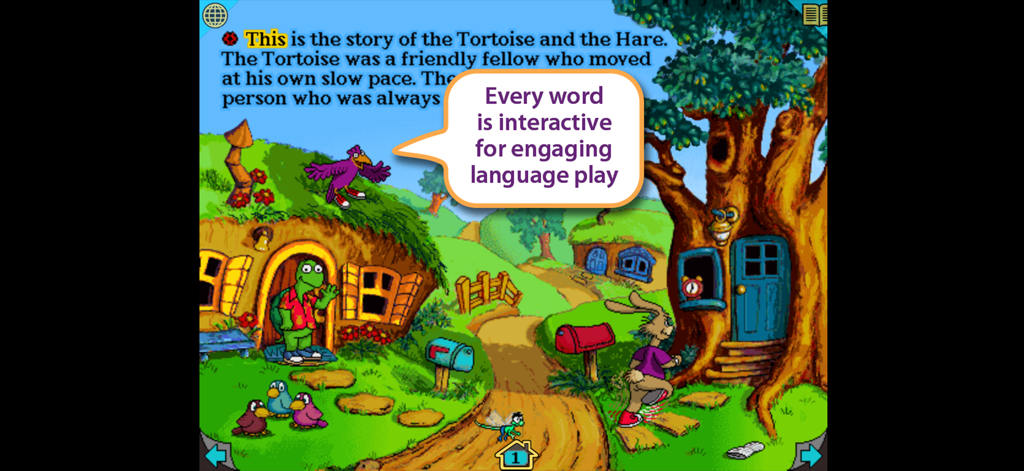 Eine bunte Szene aus dem interaktiven Bilderbuch-Apps Hase und Igel mit einer Sprechblase, in der steht Jedes Wort ist interaktiv für ein fesselndes Sprachspiel.