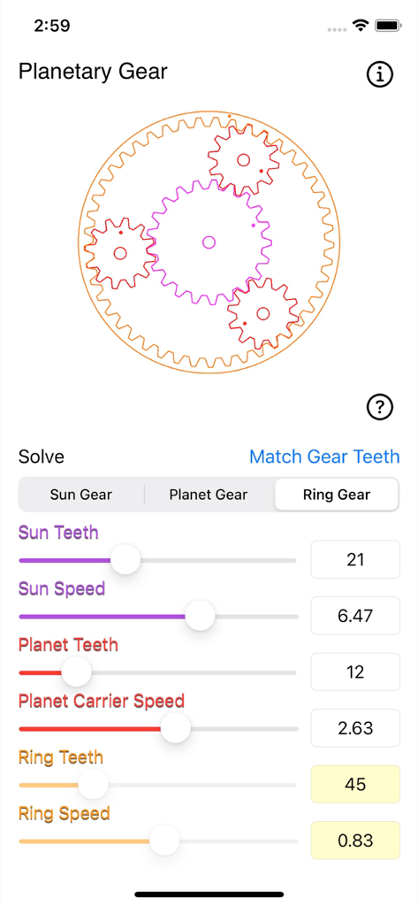 Interfaz de la aplicación Calculadora de Engranajes Planetarios mostrando una simulación visual de engranajes con deslizadores ajustables para dientes y velocidad.