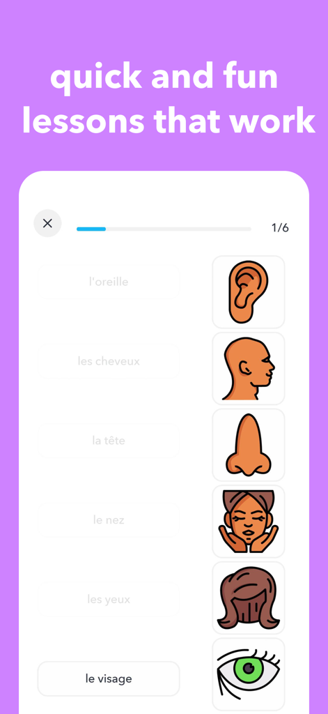 Learn & Speak English Language - Mobile app interface showing a visual vocabulary matching exercise for body parts with illustrations