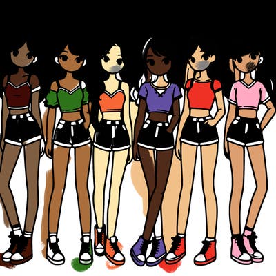a group of girls wearing crop tops and shorts