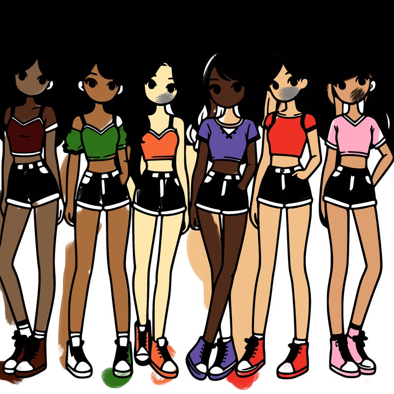 a group of girls wearing crop tops and shorts
