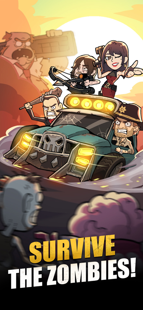 A group of survivors on an armored vehicle facing a zombie horde in Survivors Squad.