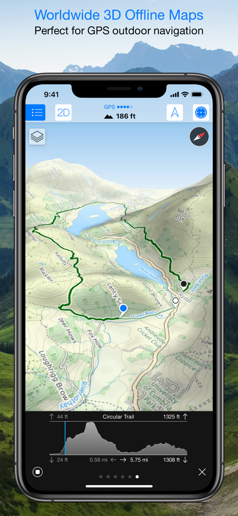 Maps 3D PRO app interface displaying a 3D topographic map with a hiking trail and elevation profile