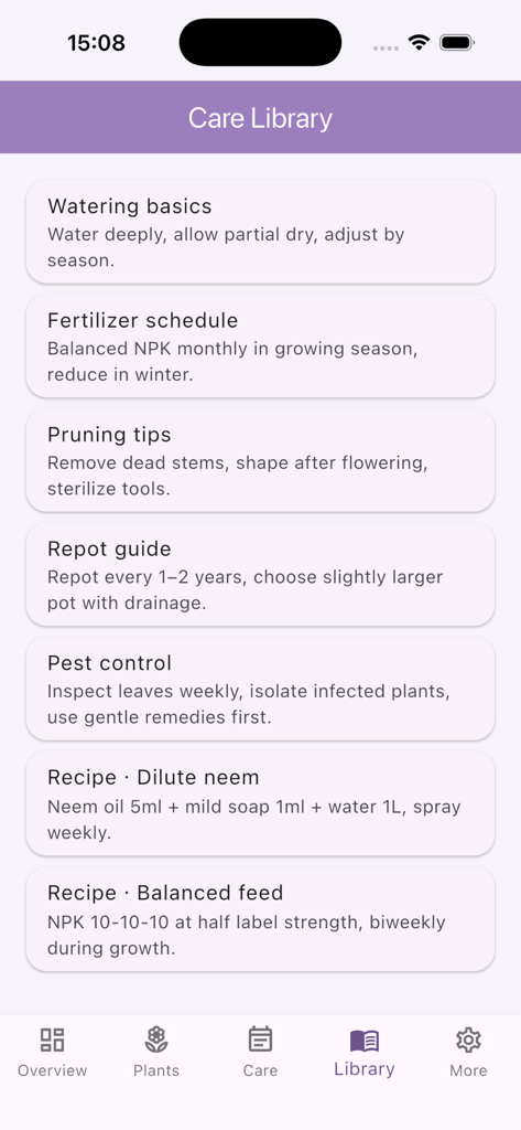 Una pantalla que muestra la Biblioteca de Cuidados con guías para riego, fertilización y recetas de cuidado de plantas