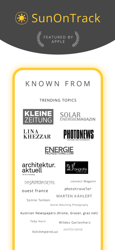 A collection of logos and names from professional media outlets and magazines that have featured the SunOnTrack app across various industries.