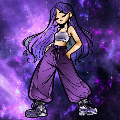 girl in baggy pants crop top and long hair