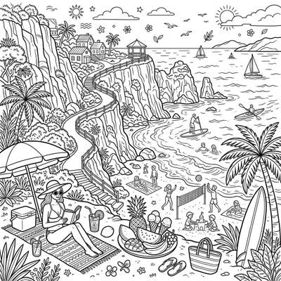 Escape to a stunning cliffside beach for a perfect summer day with this engaging coloring page. Discover a bustling scene of relaxation and activities, from sun-kissed shores to sparkling ocean fun, waiting for your creative touch.