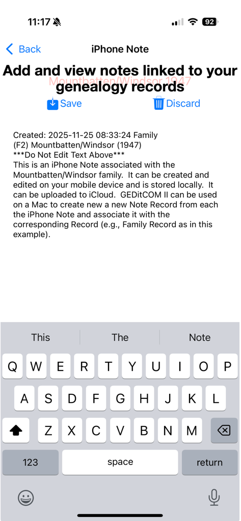 Captura de tela do aplicativo GEDitMobile mostrando a interface para adicionar e visualizar notas vinculadas a registros de genealogia em um iPhone.