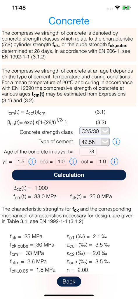 Interfaz de la aplicación móvil RCSection que muestra cálculos de resistencia a compresión del hormigón basados en los estándares del Eurocódigo 2.