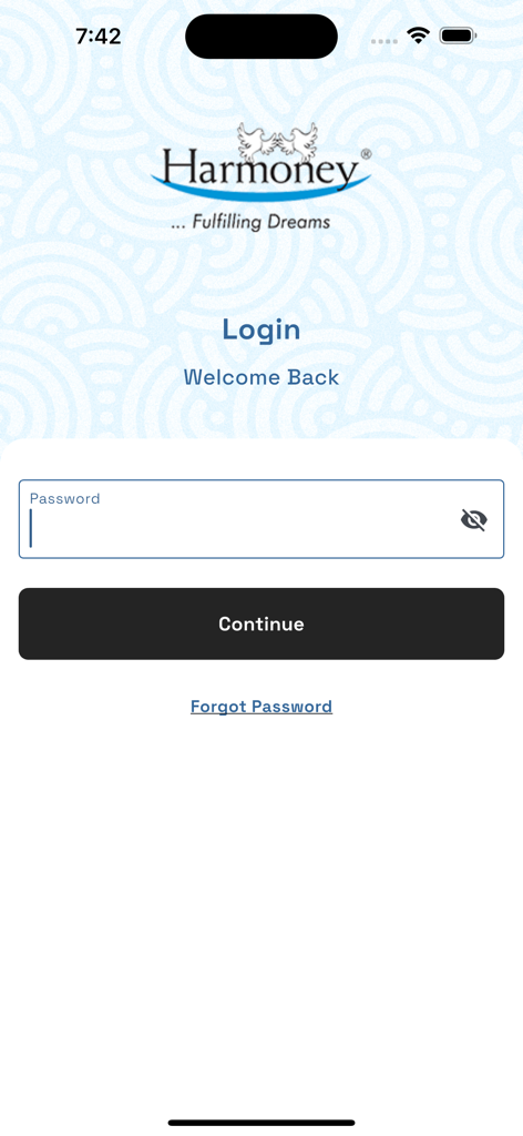 Harmoney - Login interface of the Harmoney financial app