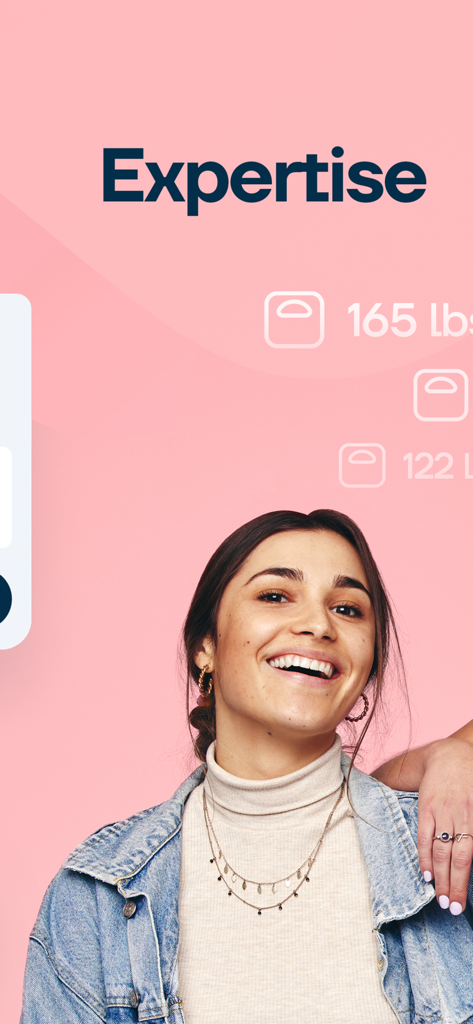 Second Nature - A smiling woman in a denim jacket with weight loss milestones and the word expertise