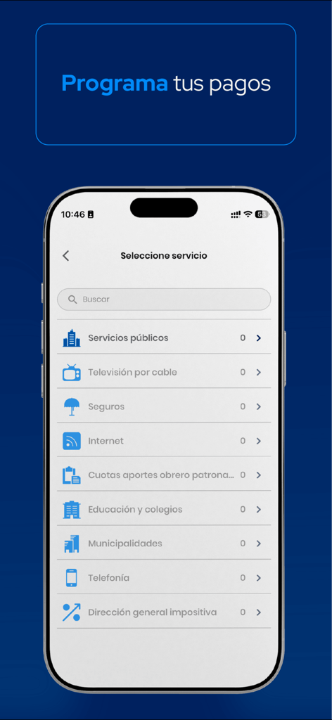 Pantalla de la aplicación CHN Movil mostrando una lista de categorías de pago de facturas para servicios como servicios públicos, televisión por cable e internet en Guatemala
