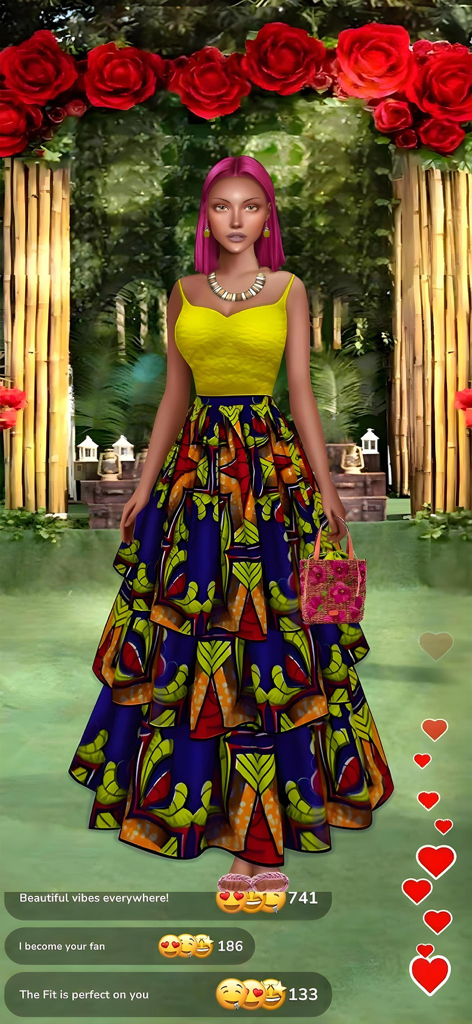 Wedding Fashion Stars - Fashion game character with pink hair wearing a yellow top and a colorful patterned skirt