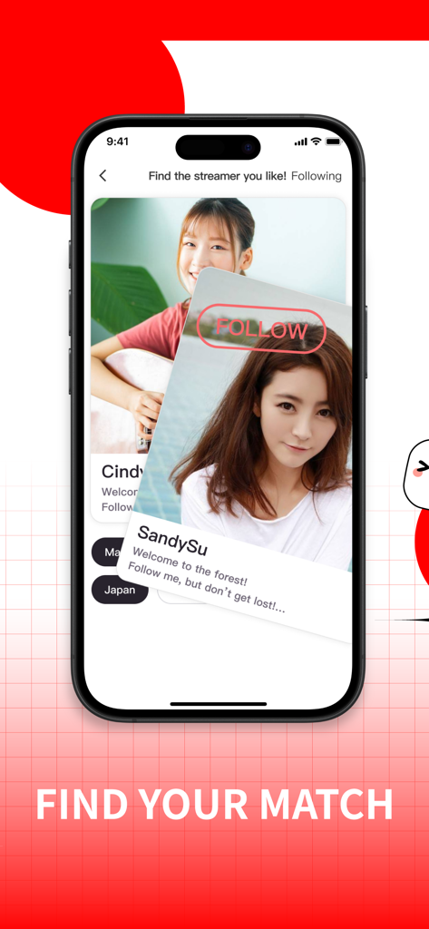 17LIVE - Live Streaming & Chat - 17LIVE app interface showing a find your match screen with profiles of live streamers to follow