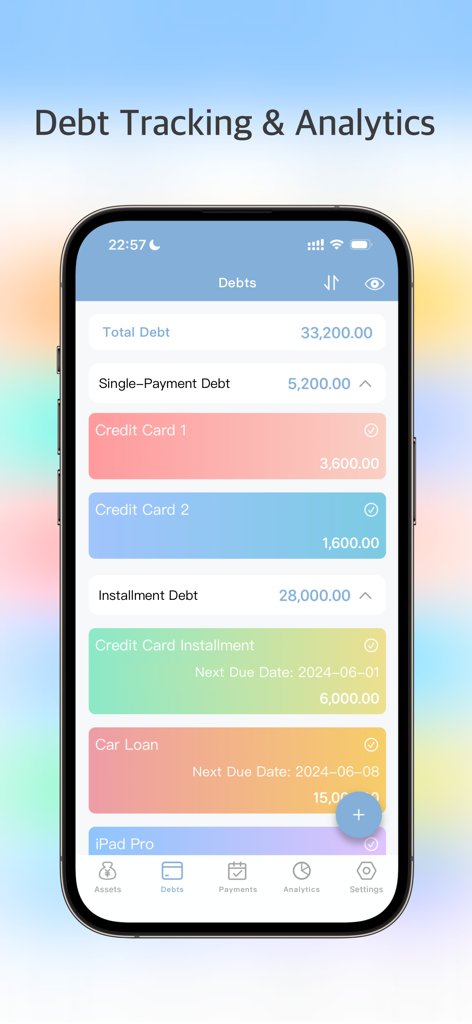 AssetMate: Asset & Installment - Tela do aplicativo móvel AssetMate exibindo rastreamento de dívidas com categorias para cartões de crédito e empréstimos parcelados
