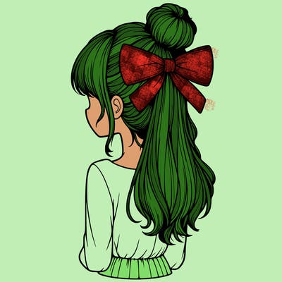 realistic girl  with hip length hair a bun and a big bow on the back of head