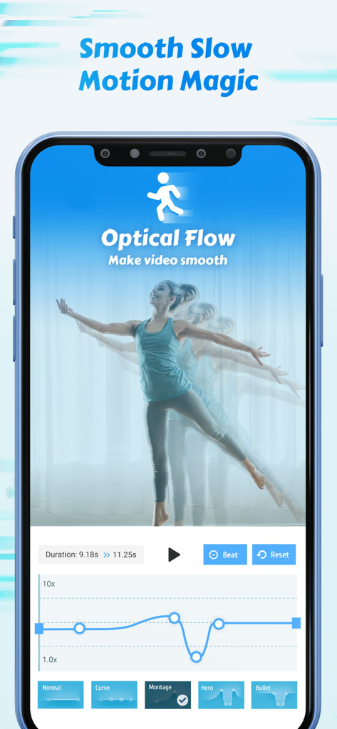 Time Cut: Smooth Slow Motion - A mobile interface of the Time Cut app showing the optical flow feature and a velocity speed curve for creating smooth slow motion video effects.