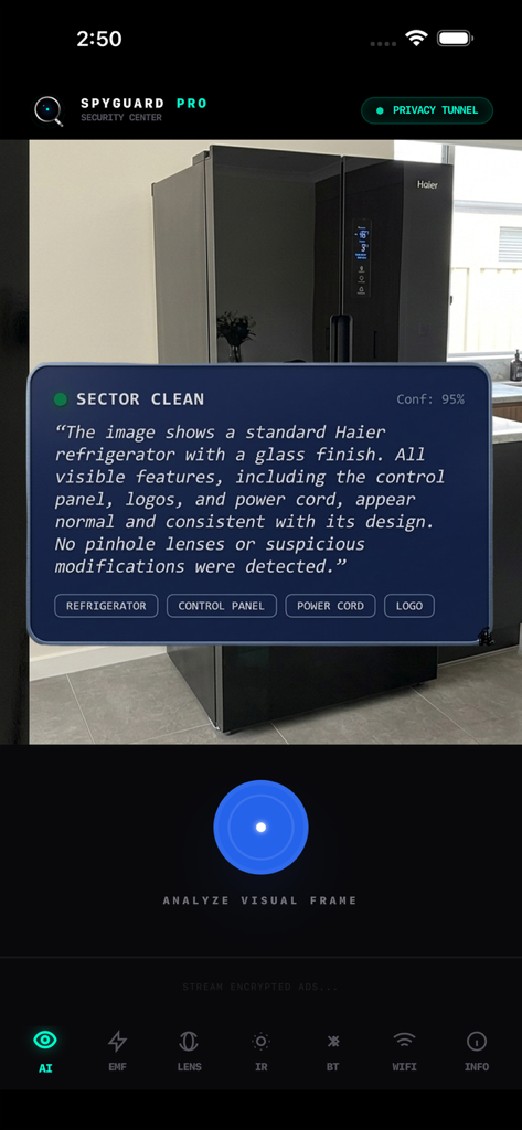 Hidden Camera Detector AI - Mobile app screen showing an AI visual scan of a refrigerator to detect hidden cameras with a sector clean status