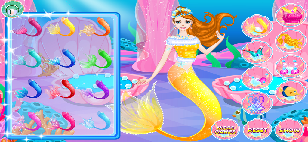 Mermaid Games, Dressing & Hair - A mermaid character in an underwater salon with various colorful tail options to choose from.
