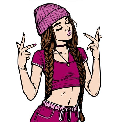 realistic teenage girl with braids and a beanie and crop top doing 🫶🏼