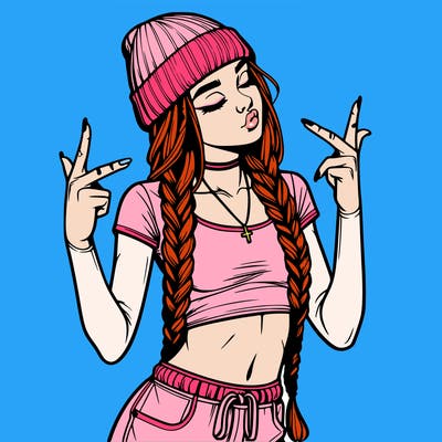 realistic teenage girl with braids and a beanie and crop top doing 🫶🏼