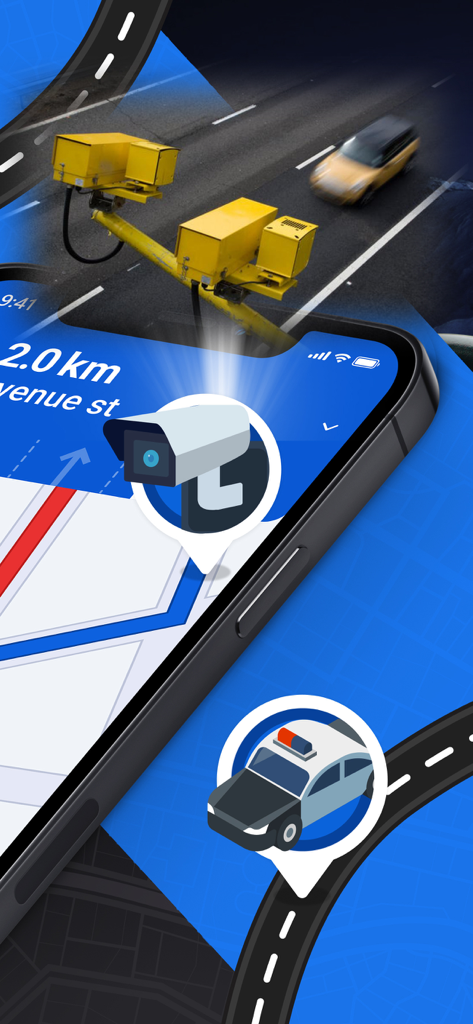 Interfaz de la aplicación de navegación GPS mostrando alertas de tráfico de cámaras de velocidad y policía