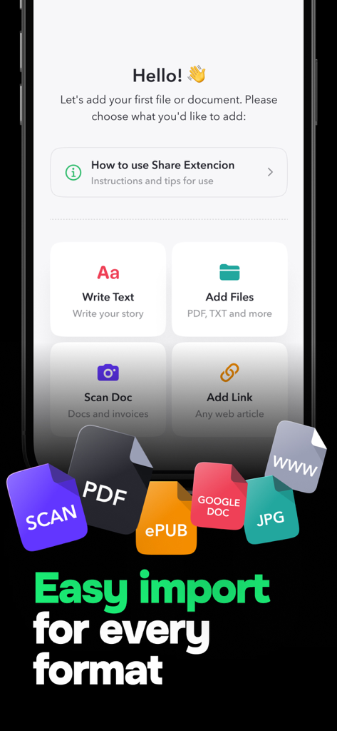 Peech: Text to Speech Reader - Peech app interface showing easy import options for various document formats including PDF Scan and Web links