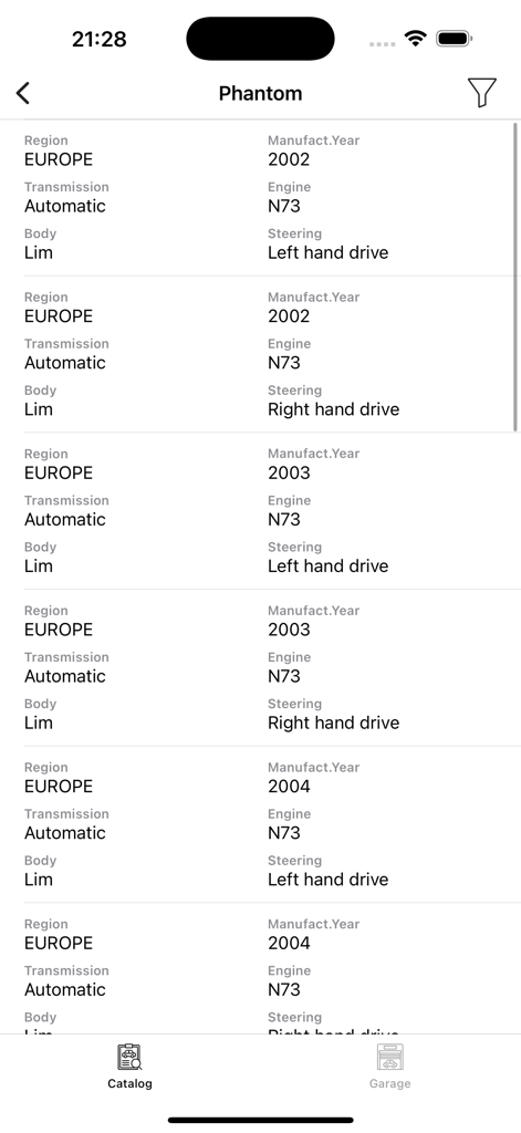 엔진 및 제조 연도를 포함한 롤스로이스 팬텀 모델의 기술 사양 목록