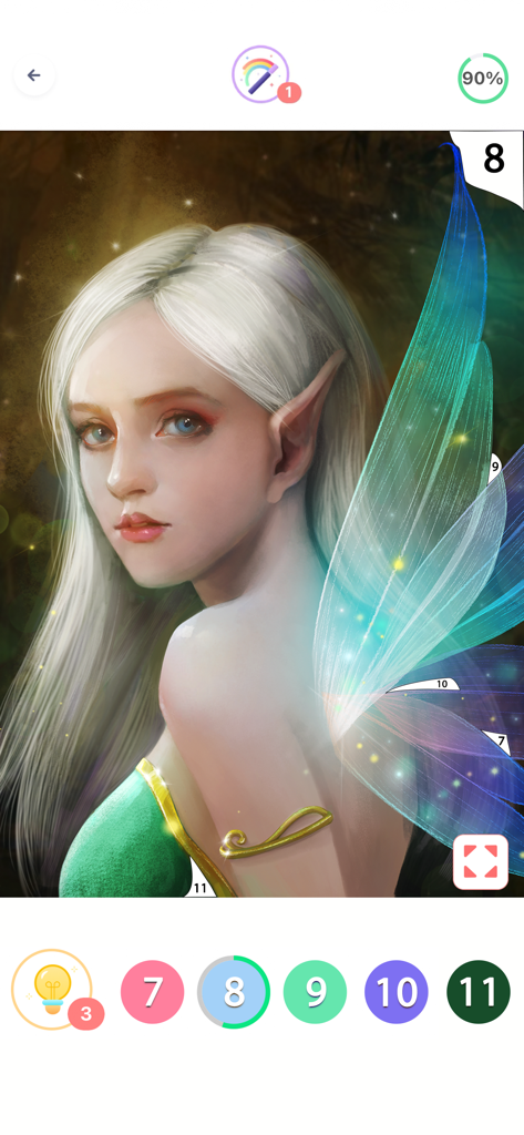 Coloring Fun : Color by Number - Color by number game screen featuring a fantasy fairy artwork in progress.