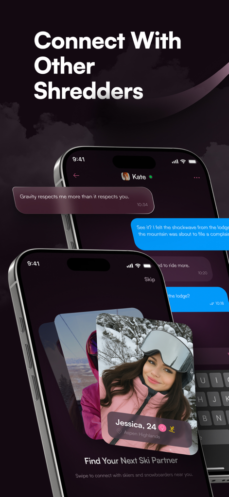Mobile app screen showing social matching and messaging features for finding ski and snowboard partners