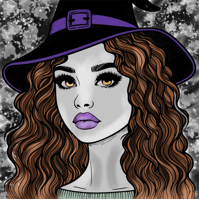 realistic girl with wavy hair a witch hat and a nose and lips and eyes