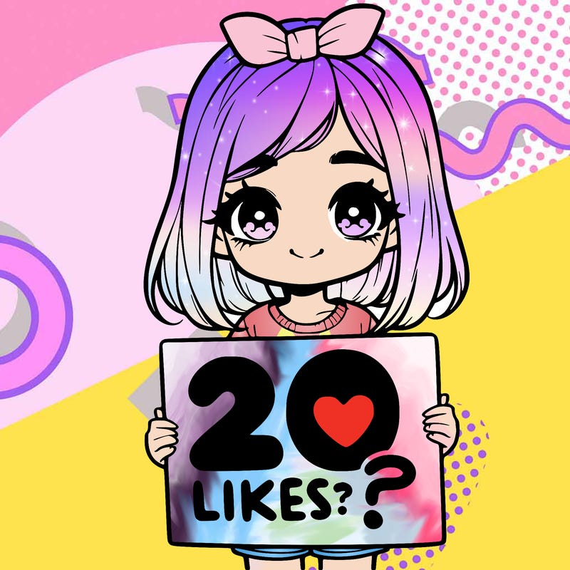 cute realistic girl holding a sign that says 20 likes?