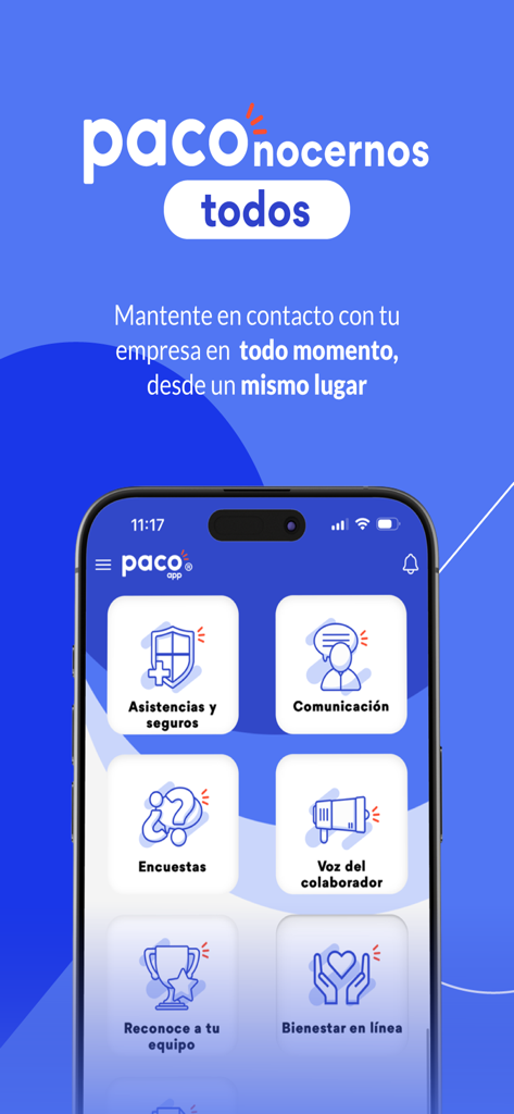 Paco app home screen showing modules for employee communication benefits and wellness